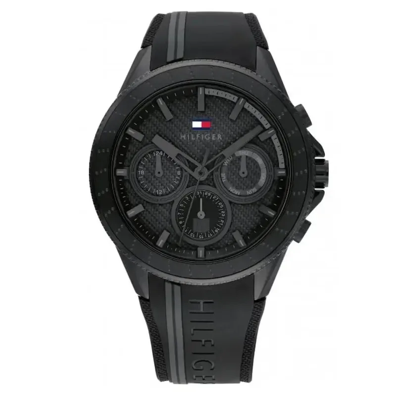 Tommy Hilfiger Larson 1791861 Men's Multifunction Watch – 44mm Black Dial Black Silicone Strap