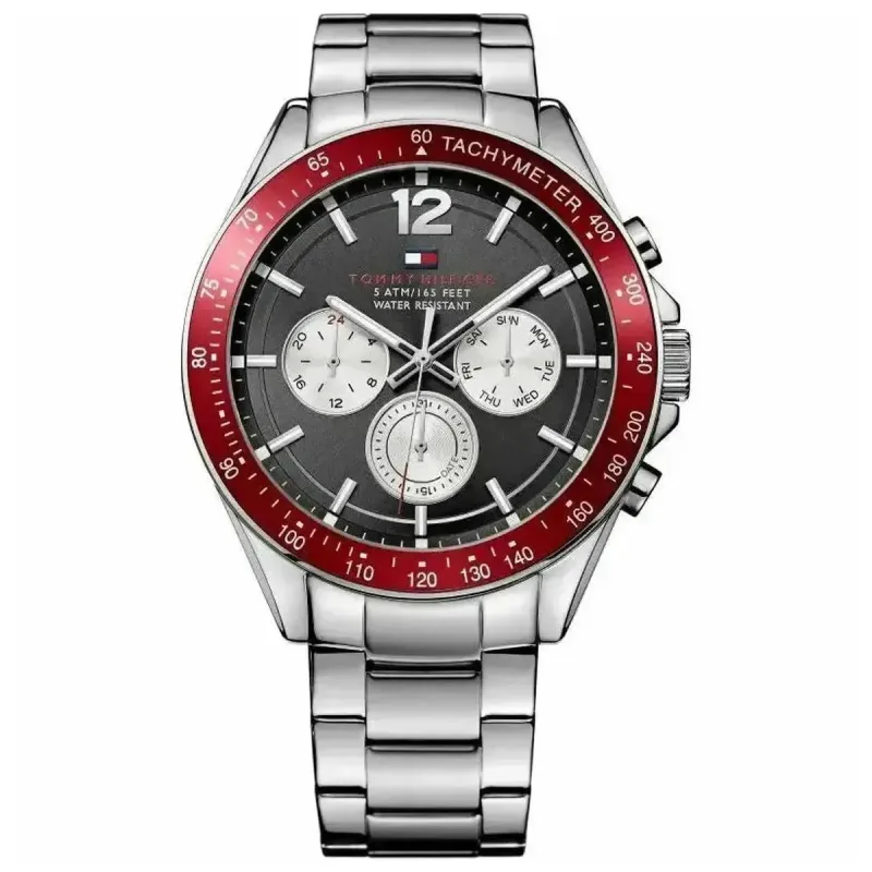 Tommy Hilfiger Luke 1791122 Men's Multi-Function Watch – 46mm Grey Dial Red Bezel Silver Steel Bracelet