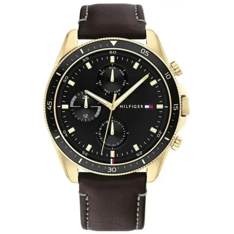 Tommy Hilfiger Parker 1791836 Men's Multifunction Watch – 44mm Black Dial Black Leather Strap