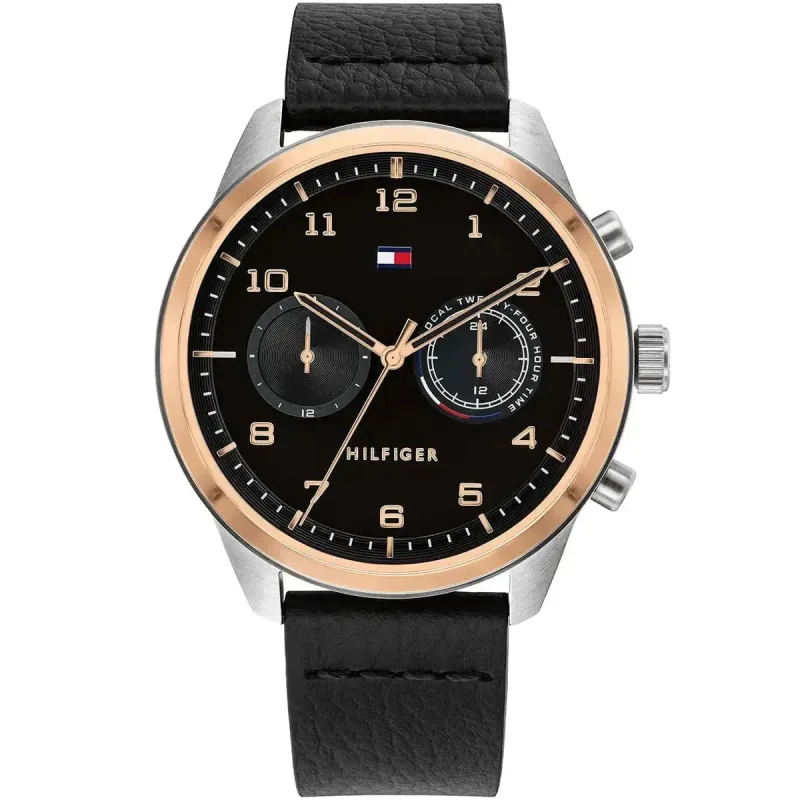 Tommy Hilfiger Patrick 1791786 Men's Dual-Time Watch – 44mm Black Dial Leather Strap