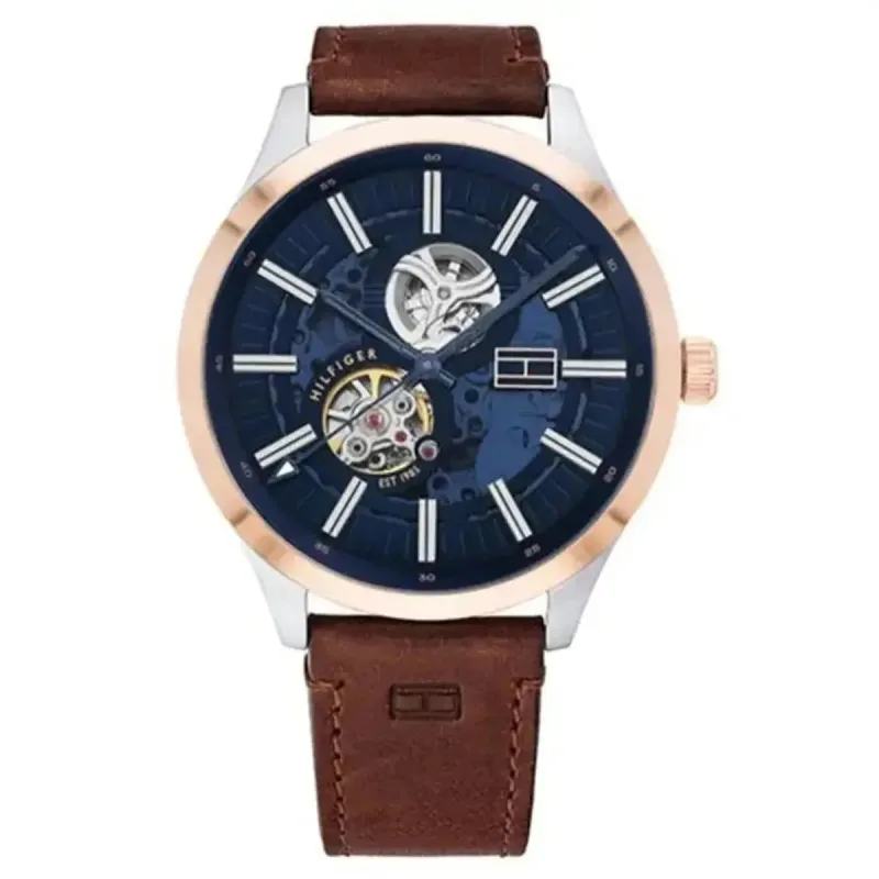 Tommy Hilfiger Spencer 1791642 Men's Automatic Watch – 44mm Blue Skeleton Dial Brown Leather Strap
